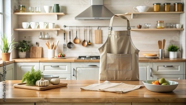 Obraz A Tan Kitchen Apron Rests on a Wooden Kitchen Countertop with Fresh Herbs and Fruit