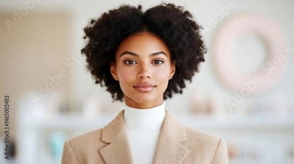 Fototapeta Professional business portrait of confident woman in neutral tones modern office environment close-up view for branding