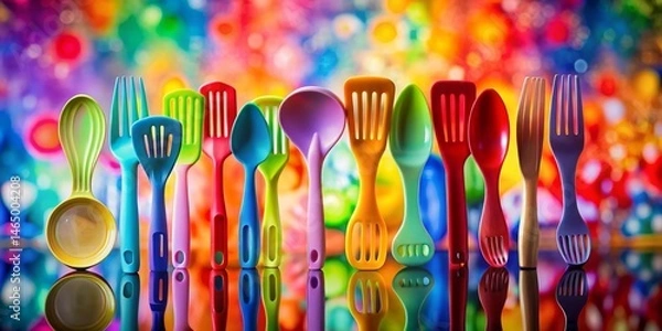 Obraz A vibrant collection of colorful kitchen utensils arranged in a row against a bright, multicolored background, reflecting a joyful and playful mood.