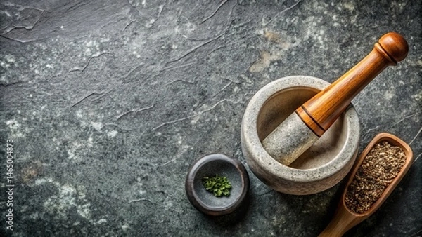 Obraz A Rustic Stone Mortar and Pestle with Wooden Handle and Herbs on a Dark Textured Surface