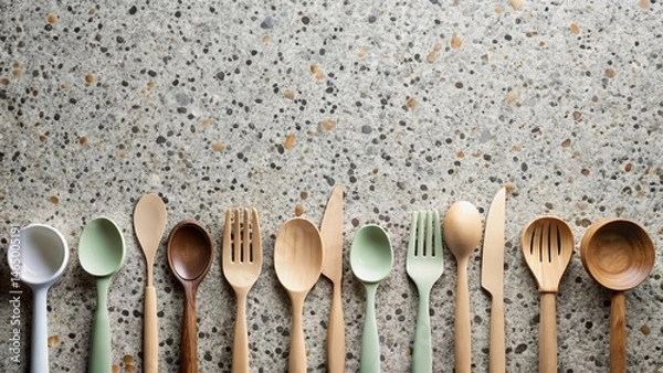 Obraz A Collection of Wooden and Pastel-Colored Utensils Arranged on a Speckled Surface