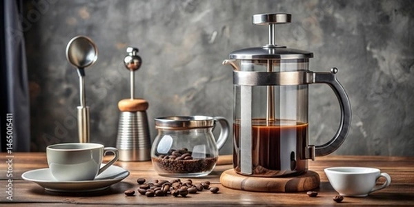 Obraz Aromatic Brew French Press Coffee with Coffee Beans and Serving Set on Rustic Wooden Table