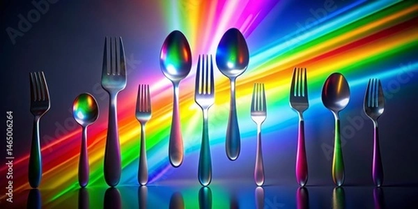 Obraz A vibrant array of gleaming forks and spoons arranged against a colorful backdrop