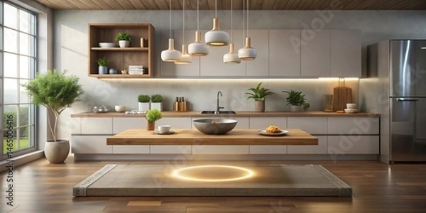 Obraz Modern Kitchen with Levitating Table and Ambient Lighting