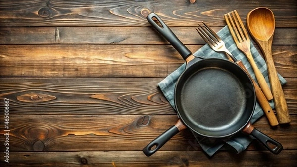 Obraz Rustic Kitchen Still Life Dark Frying Pan, Wooden Utensils, and a Textured Linen Napkin on a Weathered Wooden Table