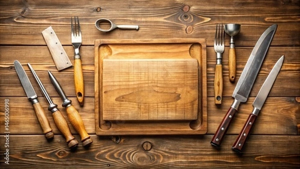 Obraz Rustic Kitchen Utensils Arranged on Wooden Surface, Featuring Cutting Board and Various Knives and Forks