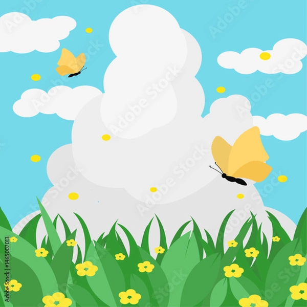 Fototapeta 화창한 날씨의 자연 속 맑은 구름과 날아다니는 나비 Clouds and Butterflies in Sunny Weather