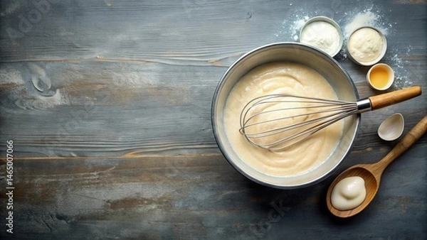 Obraz Aromatic Baking Preparation Creamy Batter in Bowl with Whisk, Flour, and Egg
