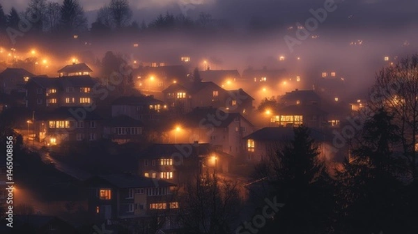 Fototapeta City lights shimmer in the fog during twilight hours creating a magical atmosphere
