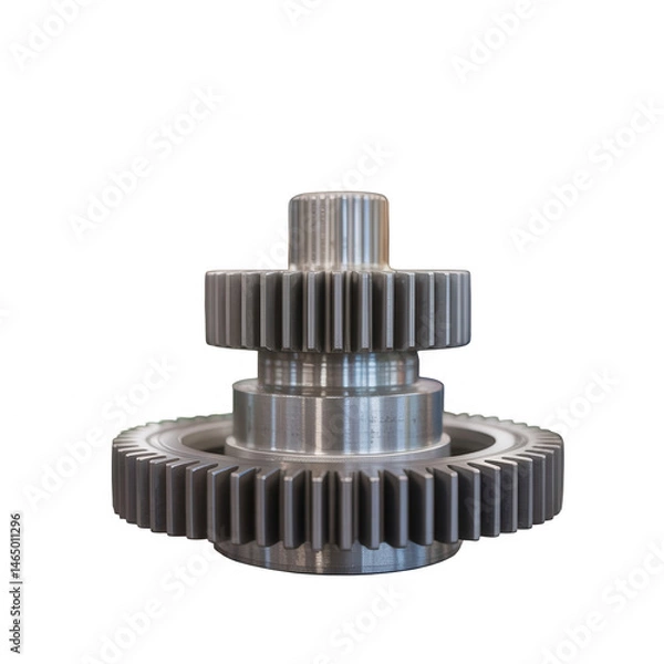 Fototapeta A close up of a silver metal gear assembly with multiple gears stacked on top of each other on black