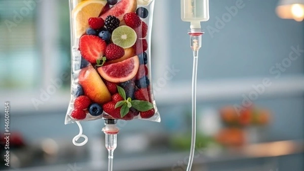 Fototapeta Invigorating Fruit Infusion A vibrant blend of strawberries, raspberries, blueberries, citrus, and more, suspended in a clear IV bag, ready for a healthy boost.