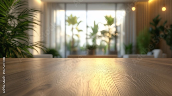 Fototapeta Empty wooden table with warm natural lighting against a blurred background of a modern white kitchen overlooking a balcony with plants