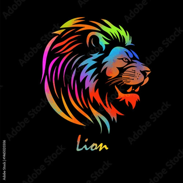 Fototapeta Lion colored head on black background. hand drawing. Not AI, Vector illustration.
