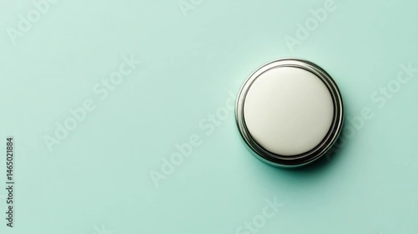 Fototapeta Round, white button with metallic rim on mint green background
