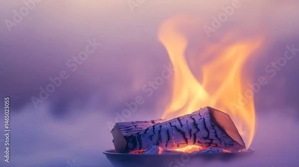 Fototapeta Burning wood log in a dish, vibrant flames against a soft, misty backdrop