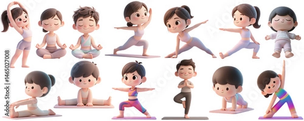 Fototapeta A playful and adorable set of 3D chibi characters performing yoga poses with big heads and tiny bodies. Each pose adds charm and calmness, capturing wellness and mindfulness with a fun twist.