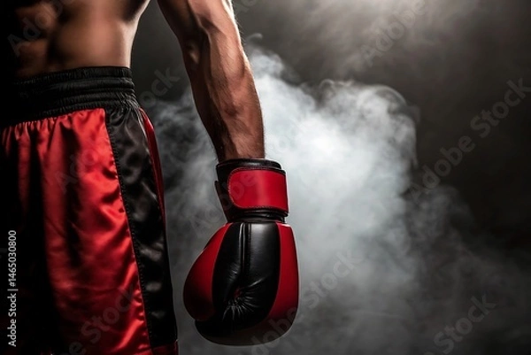 Fototapeta Boxer in red and black gear with boxing gloves standing amidst smoke