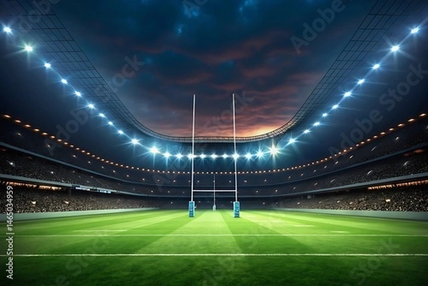 Obraz Dramatic stadium interior rendering of a rugby field at night illuminated by bright lights