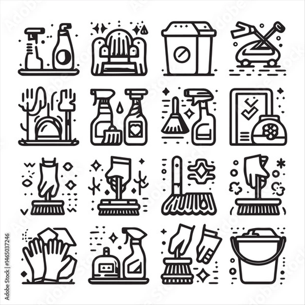 Fototapeta cleaning field elements vector clip art collection, simple editable line style