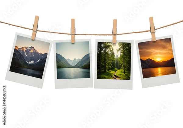 Fototapeta Four Polaroid-style photos clipped to a twine string with wooden clothespins, showing scenic landscapes of mountains, forests, and vibrant sunset skies, isolated on white or transparent background PNG
