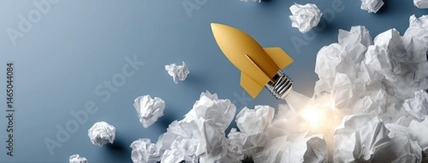 Fototapeta Creative concept showcasing a yellow paper airplane rocket on a light bulb with crumpled white balls on an abstract background representing innovative thinking and business success