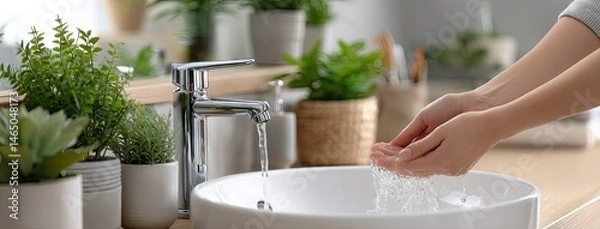 Fototapeta Close-up of hands washing under flowing water at a white bathroom sink, representing self-care and hygiene during a busy workday