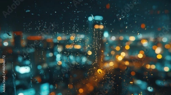 Obraz Rainy Night Cityscape Viewed Through a Window