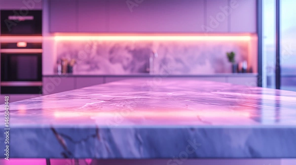 Fototapeta Empty marble kitchen countertop with pink and purple ambient lighting against a blurred kitchen, perfect for product display photography