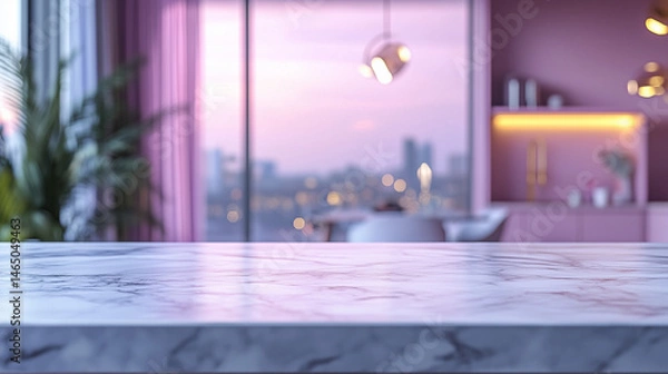 Fototapeta Empty marble kitchen countertop with pink and purple ambient lighting against a blurred home interior, perfect for product display photography