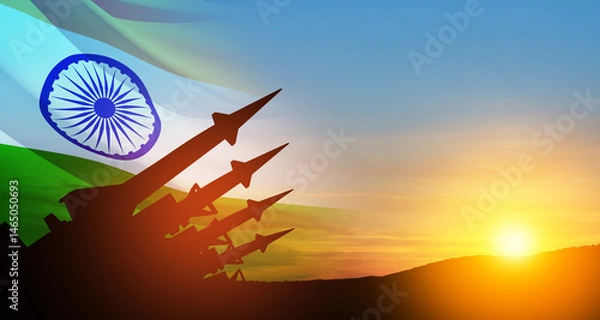 Fototapeta The missiles are aimed at the sky at sunset with Indian flag. Nuclear bomb, chemical weapons, missile defense, a system of salvo fire.
