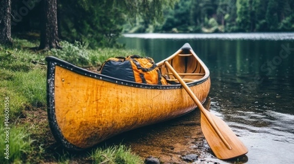 Obraz Canoe resting on lakeshore beside paddle, gear, and life jacket neatly placed