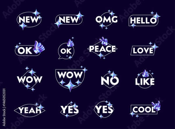 Obraz set of social icon chat tags labels with geometric line shape, modern trendy light 3d hologram, holo, futuristic decoration icon sign with sparkle