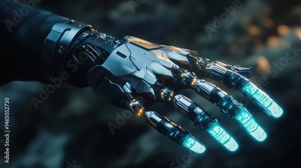 Fototapeta Futuristic robotic hand with glowing elements reaching out amidst a sci-fi landscape