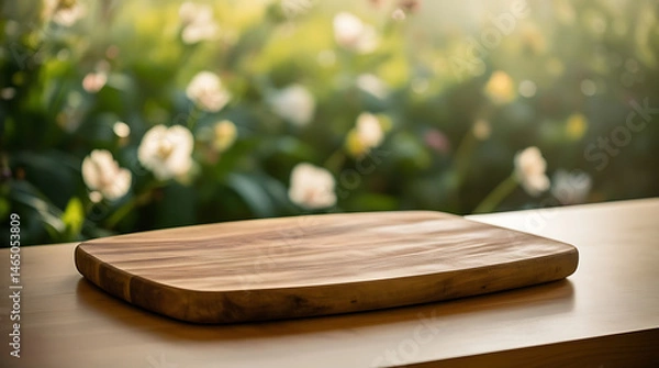 Obraz Selective focus. End grain wood counter top with cutting board on blur greeny flower garden in morning with nature light