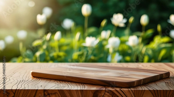 Obraz Selective focus. End grain wood counter top with cutting board on blur greeny flower garden in morning with nature light