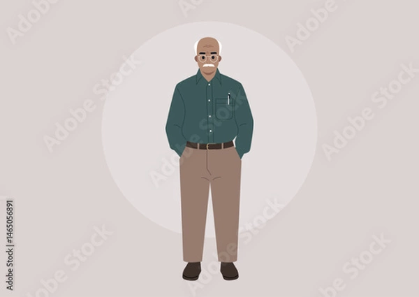 Obraz A senior man stands upright, wearing glasses and a neatly pressed shirt, exuding confidence, His balding head highlights a life of experience, complemented by a calm demeanor