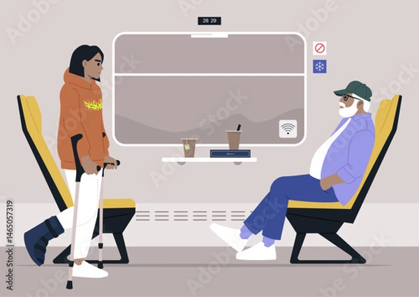 Obraz Inside a calm train compartment, a young person with crutches sitting down across from an elderly man, Each absorbed in their thoughts, they share the space, highlighting a moment of coexistence