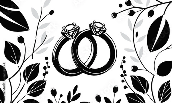 Fototapeta Modern black and white vector illustration of two interlocking wedding rings, easily scalable and editable.