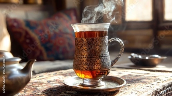 Obraz Tea glass filled with steaming black tea in a cozy setting