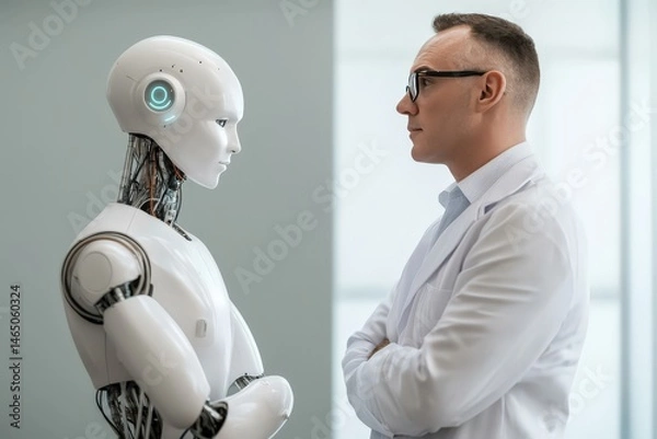 Fototapeta A human and a robot face each other, suggesting a moment of interaction or confrontation in a modern, high-tech environment.