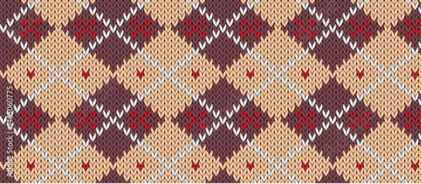 Fototapeta seamless repeating knitted fabric pattern with diamond-shaped design in beige, peach, maroon, v-shaped stitches, and textured accents