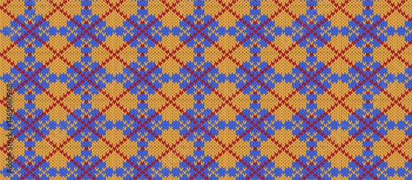 Fototapeta seamless repeating plaid pattern with crisscrossing reddish-brown lines on orange-tan, featuring deep blue and muted purple motifs