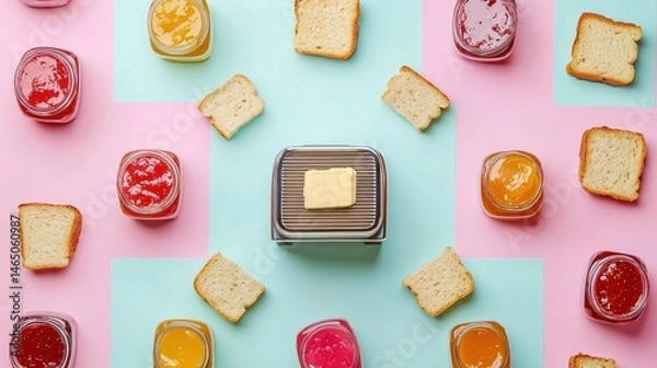 Obraz Flat lay of a toaster surrounded by jam jars and butter