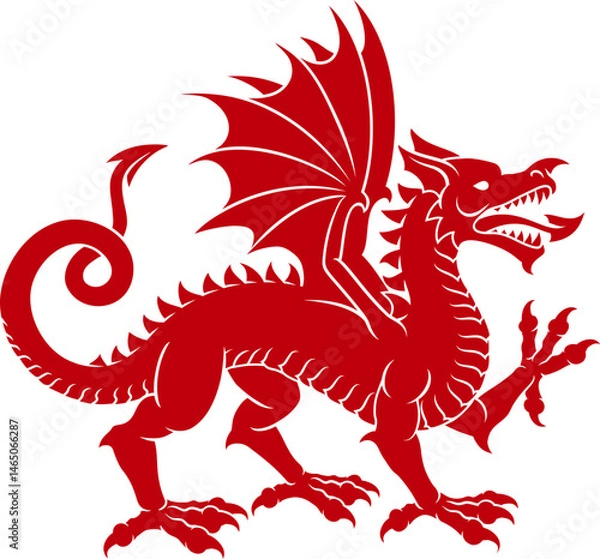 Fototapeta A stylised heraldry coat of arms crest style Welsh dragon in passant walking pose