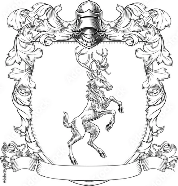 Fototapeta Male deer or stag hart coat of arms or crest family heraldry medieval heraldic knight shield. With helmet and acanthus filigree scroll ornament in a vintage woodcut style.