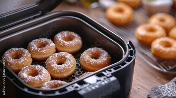 Fototapeta Deep fryer lid open showing freshly fried donuts inside