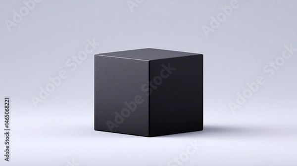 Fototapeta Matte black cube stand on a smooth light gray background, symmetrical composition, balanced lighting, commercial wide shot with space for branding elements