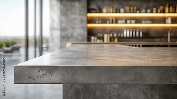 Fototapeta Empty concrete kitchen countertop for product display photography, against a modern industrial kitchen with illuminated lights.