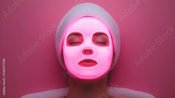 Fototapeta A woman relaxes with a glowing pink LED facial mask and towel head wrap against a matching pink background.