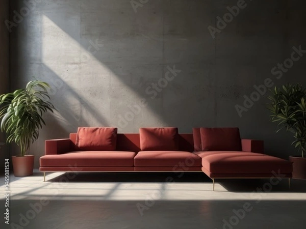 Fototapeta Cozy Red Velvet Couch in a Modern Living Room